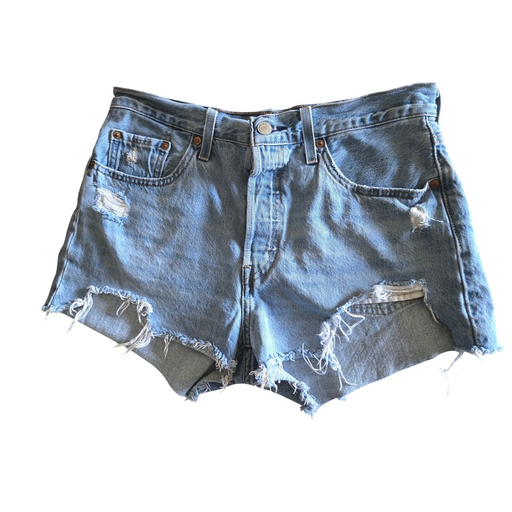 Levis 501 Original Distressed Denim Shorts Light Wash Button Fly 29 Womens